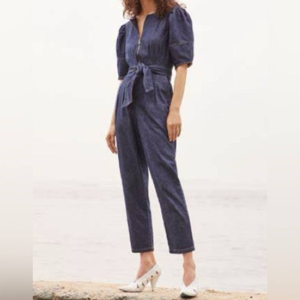 Rebecca Taylor La Vie Puff Sleeve Denim Jumpsuit size Small Tie Waist - Picture 15 of 15